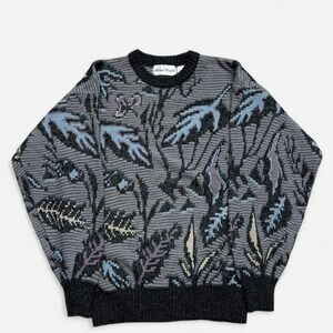 Michael Gerald vintage 90s knit sweater gray & blue leaf pattern size Large
